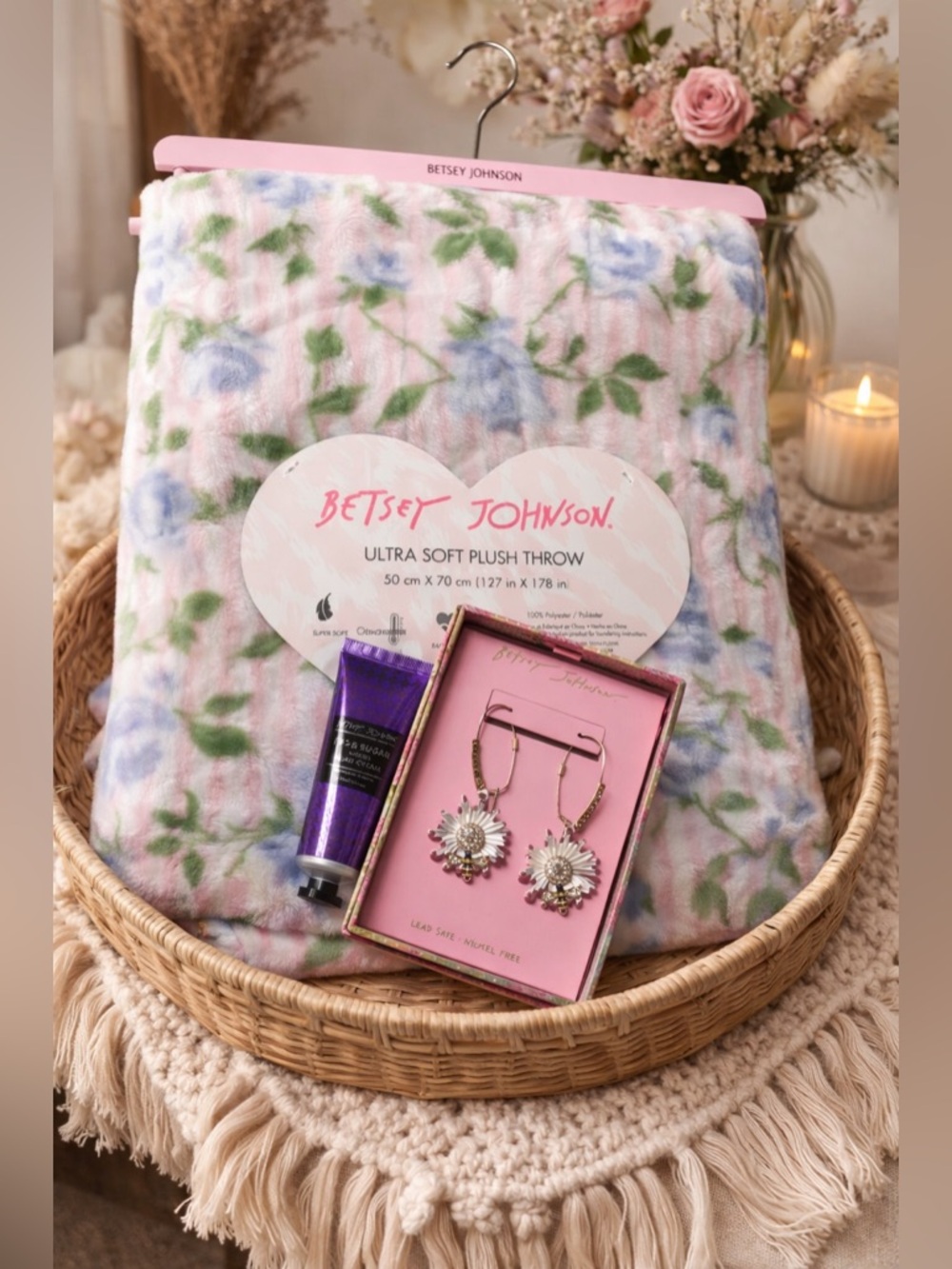 Betsey Johnson Bundle— Plush Throw, Earrings, and Lotion